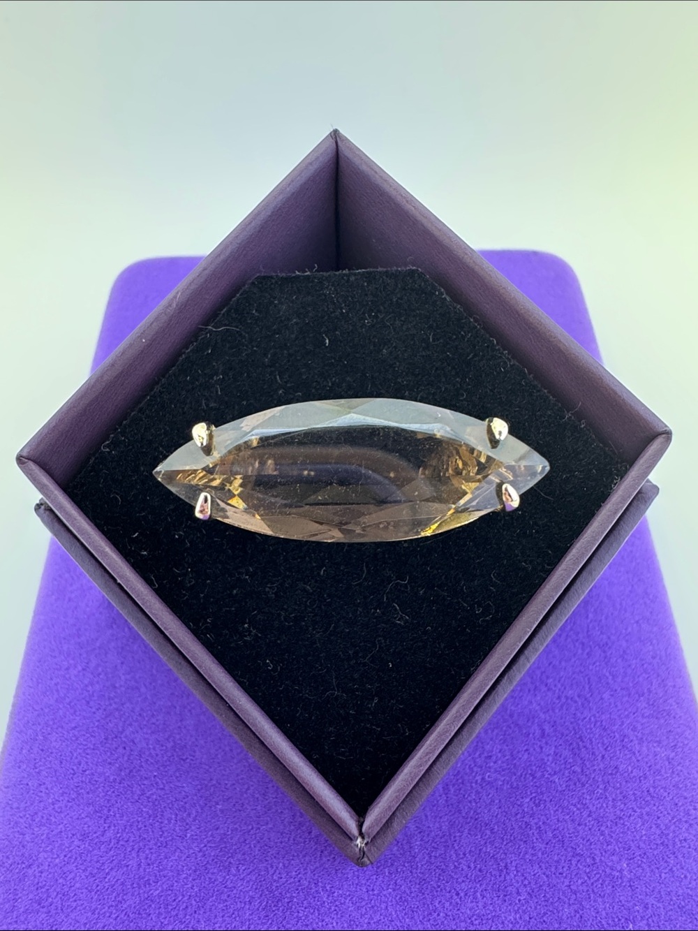 💛 Vintage Gold Plated Smoky Quartz CZ Marquise Cocktail Ring